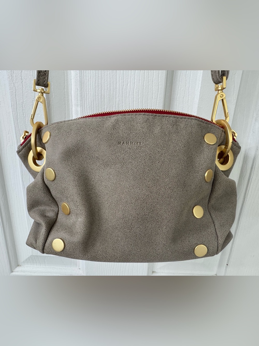 Hammitt Taupe Crossbody with Gold Studs and Red Zip